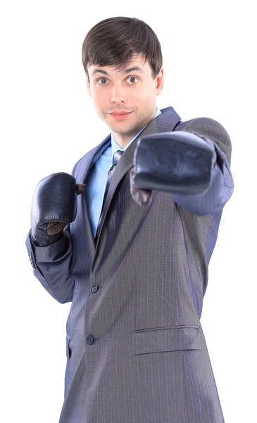 Le jeune homme d'affaires en gants de boxe. Isolé sur fond blanc . — Photo