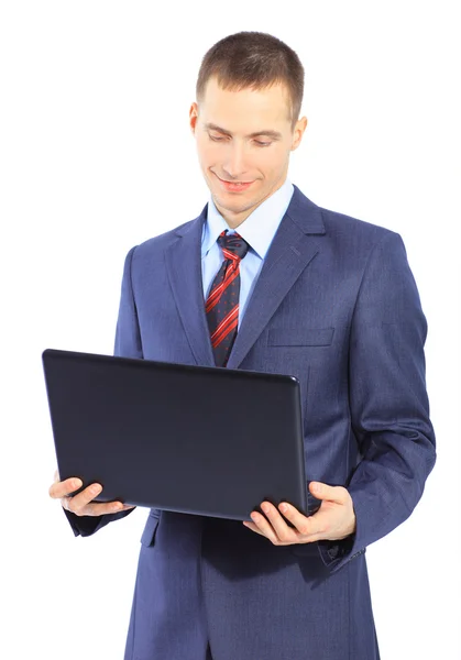 Homem com laptop em um fundo branco — Fotografia de Stock
