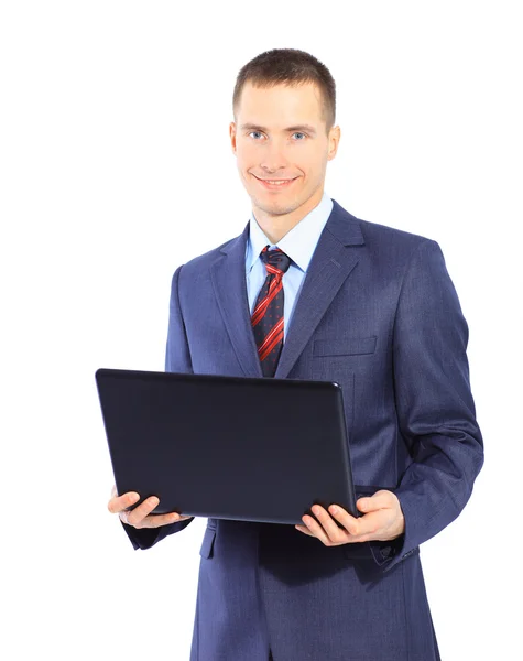 Uomo con laptop su sfondo bianco — Foto Stock