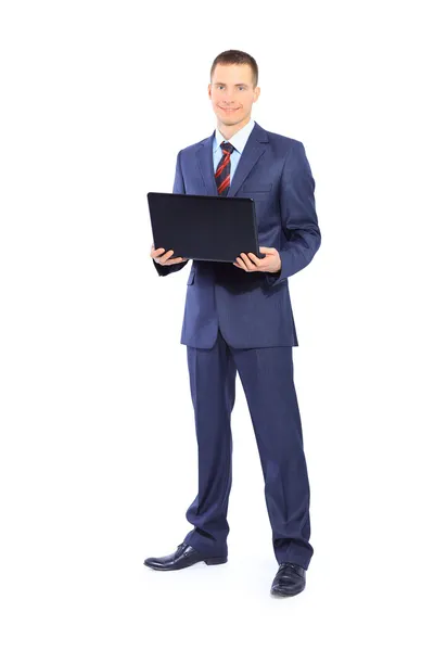 Man met laptop op een witte achtergrond — Stockfoto