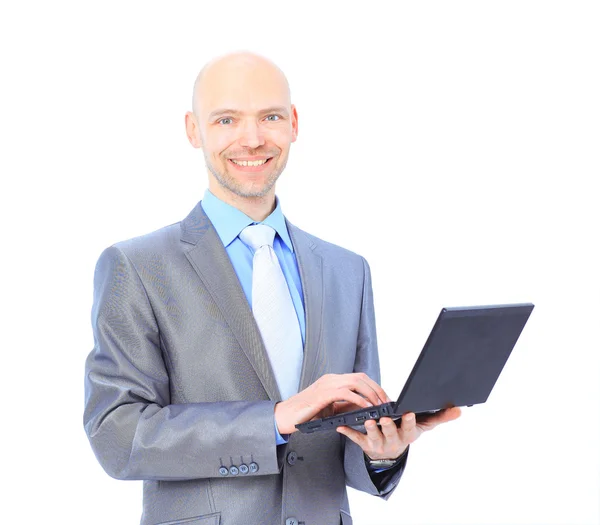Man met laptop op een witte achtergrond — Stockfoto