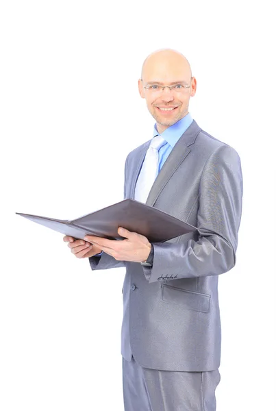Ritratto di felice uomo d'affari sorridente, isolato su dorso bianco — Foto Stock