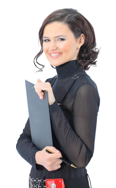 Retrato de una linda mujer de negocios joven con el plan de trabajo sonriendo . —  Fotos de Stock