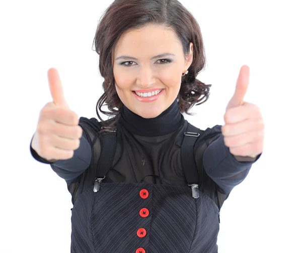 Beatiful business woman specifies the thumbs up. Isolated on a white background. — Stock Photo, Image