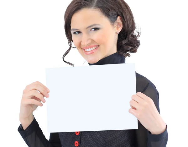 Una bella donna d'affari con uno striscione bianco. Isolato su sfondo bianco . — Foto Stock