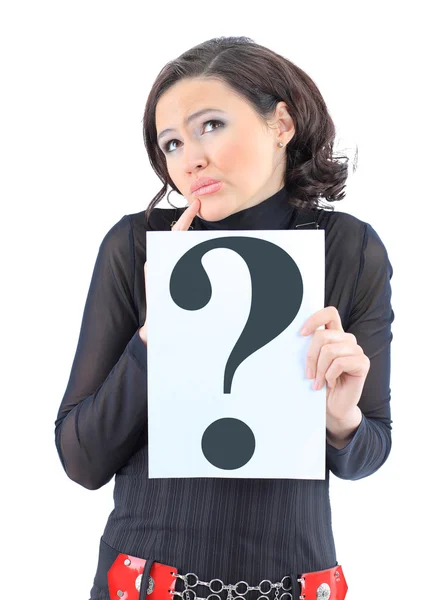 Beautiful businesswoman requests with the poster of the question. — Stock Photo, Image