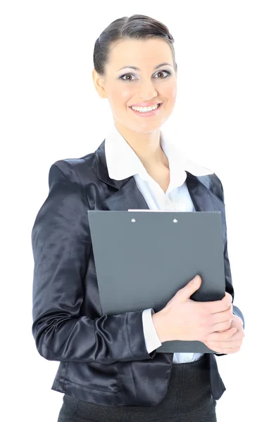 Mooie zakenvrouw houdt een werkplan. geïsoleerd op een witte achtergrond. — Stockfoto
