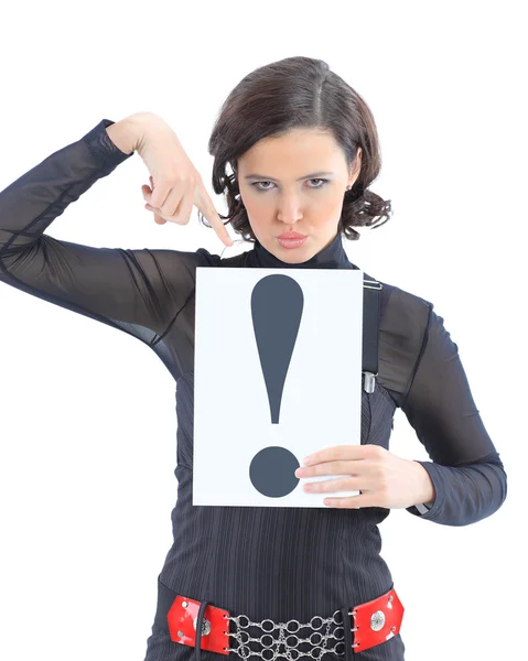Beautiful businesswoman with a sign exclamation mark. Isolated on a white background. — Stock Photo, Image