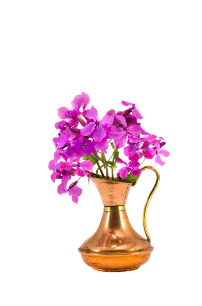 Isolated brass vase and spring flowers — Stock Photo, Image