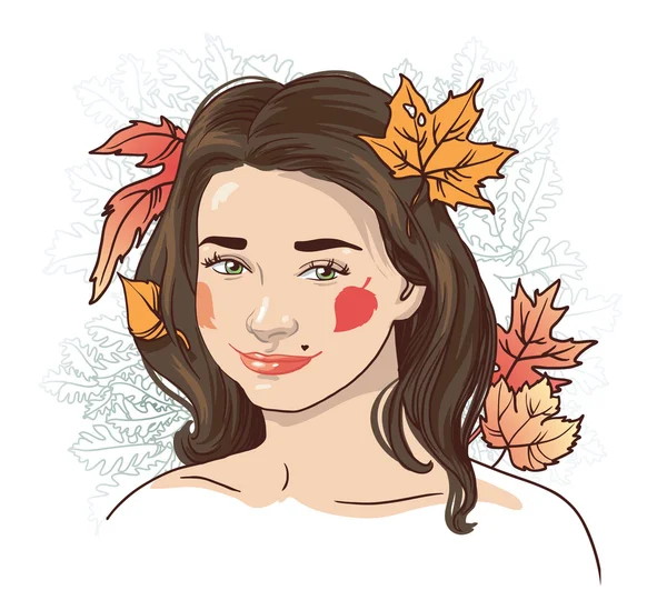 Automne. une belle jeune fille avec des feuilles d'automne dans ses cheveux — Image vectorielle