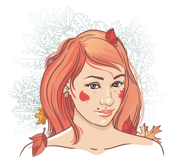 Automne. une belle jeune fille avec des feuilles d'automne dans ses cheveux — Image vectorielle