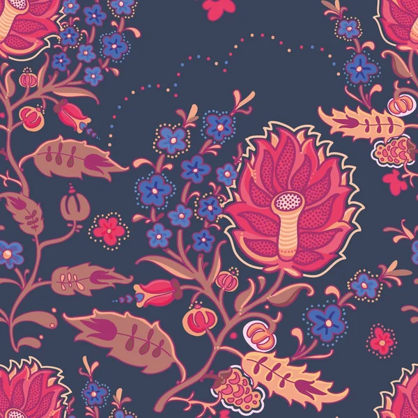 暗い秋葉と花のシームレスなパターン — ストックベクタ