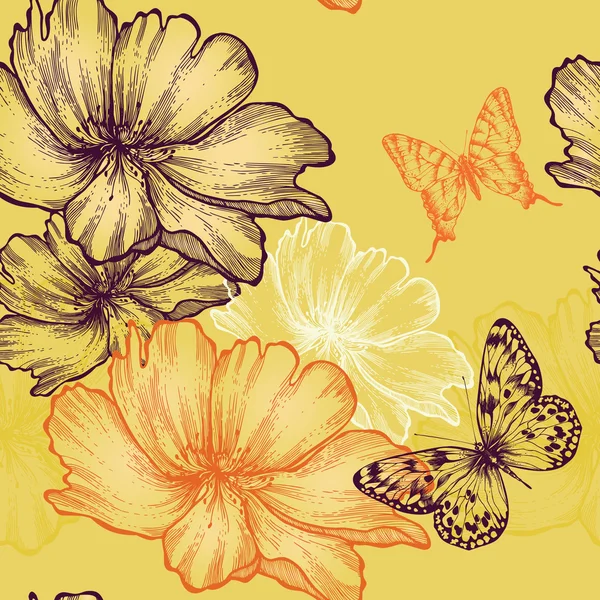 Fondo floral sin costuras con rosas silvestres y mariposas, dibujo a mano. Vector . — Archivo Imágenes Vectoriales