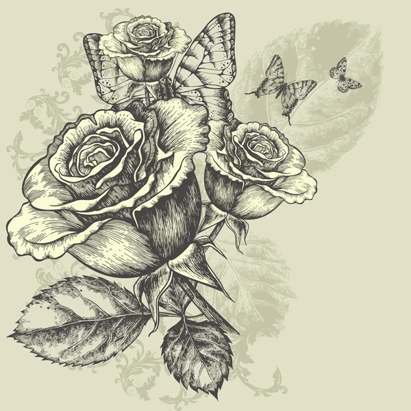 Blumenhintergrund mit Schmetterlingen und Rosen, Handzeichnung. Vektorillustration. — Stockvektor