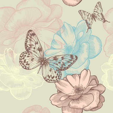 Seamless floral pattern with roses and butterflies, hand-drawing. Vector. clipart