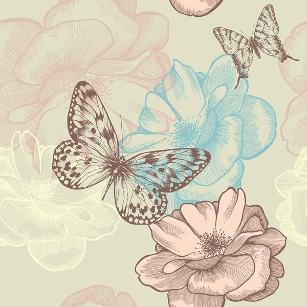 Sömlös blommönster med rosor och fjärilar, hand-ritning. vektor. — Stock vektor