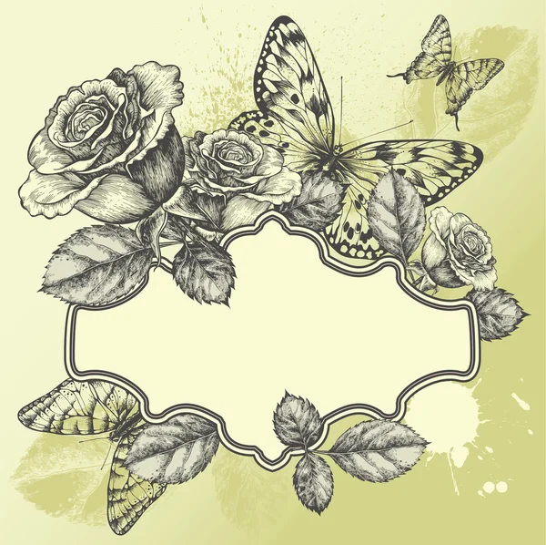 Moldura vintage com rosas floridas e borboletas, desenho à mão. Vetor . — Vetor de Stock