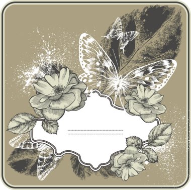 Vintage background with frame, blossoming with roses and butterflies. Hand drawing vector. clipart