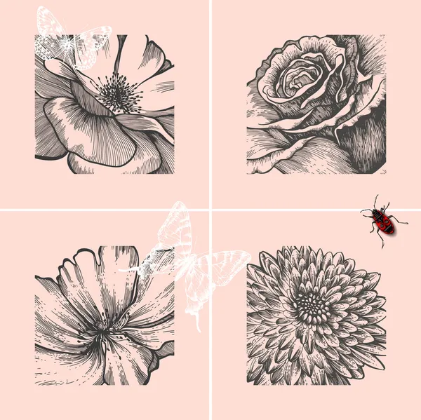 Set von dekorativen floralen Hintergründen, Handzeichnung. Vektorillustration. — Stockvektor