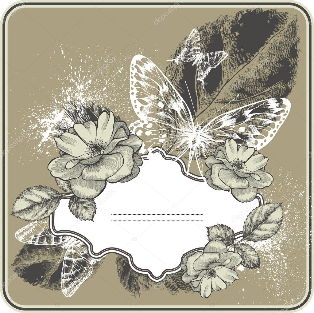 Vintage background with frame, blossoming with roses and butterflies. Hand drawing vector.