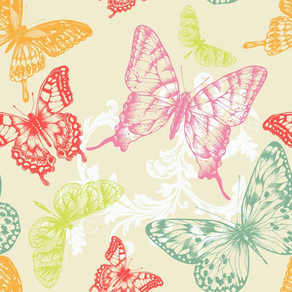 飛行を持つシームレス パターン蝶、手描きします。ベクトル イラスト. — ストックベクタ