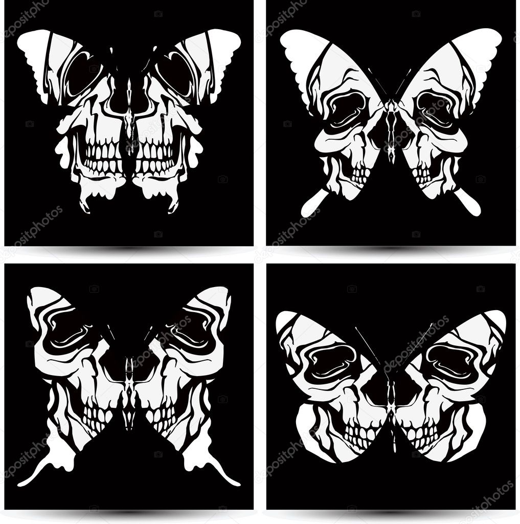 Set butterflies to skulls. Vector illustration.