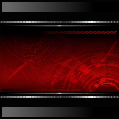 Technological red background with metallic banner. Vector illustration.