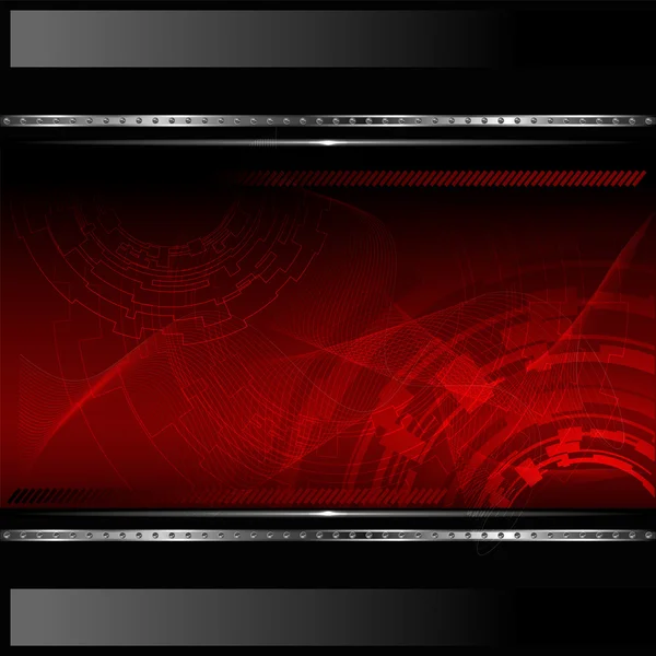Technologische rode achtergrond met metalen banner. vectorillustratie. — Stockvector