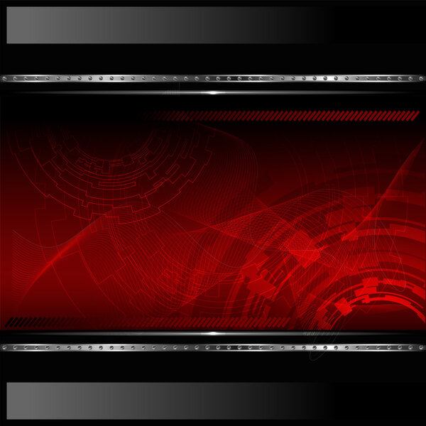 Technological red background with metallic banner. Vector illustration.