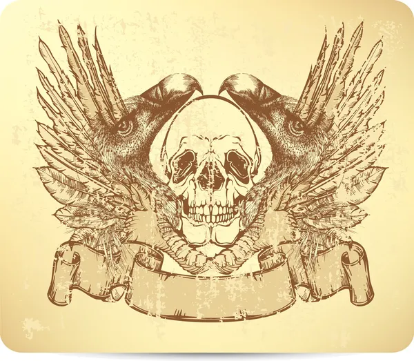 Crânio com grifos e asas, desenho à mão. Ilustração vetorial . — Vetor de Stock