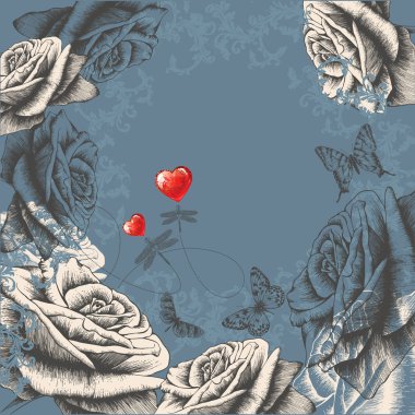 Floral background with flowering roses, flying butterflies and dragonflies. Vector illustration. clipart