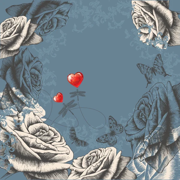 Blumenhintergrund mit blühenden Rosen, fliegenden Schmetterlingen und Libellen. Vektorillustration. — Stockvektor
