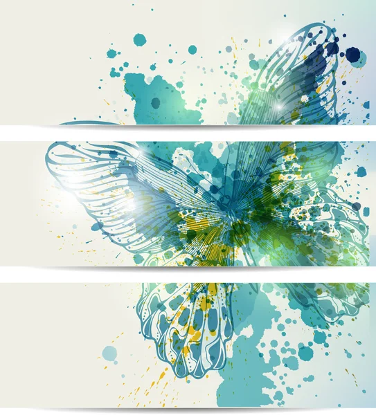Set of three banners with butterflies and abstract blots — Stock Vector