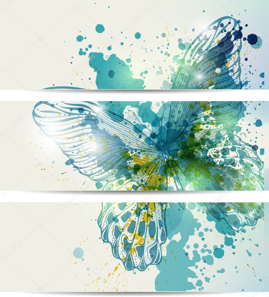 Set of three banners with butterflies and abstract blots