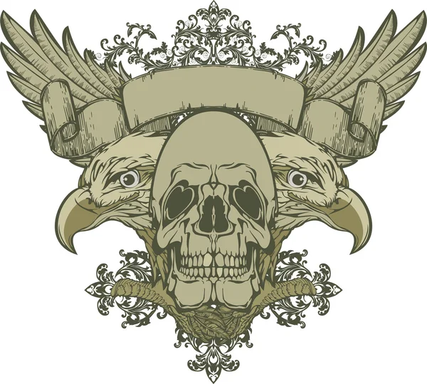 Cráneo con alas y águila de doble cabeza, dibujo a mano. Ilustración vectorial . — Archivo Imágenes Vectoriales