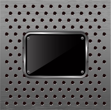 Glossy black plate on a metallic perforated background. clipart