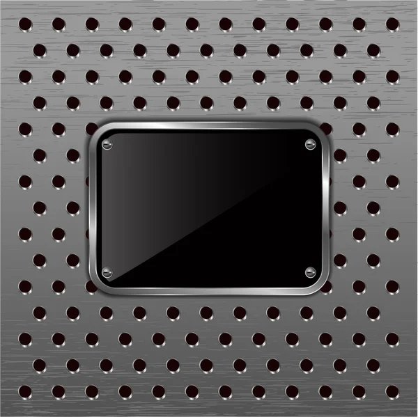 Glossy black plate on a metallic perforated background. — Stock Vector