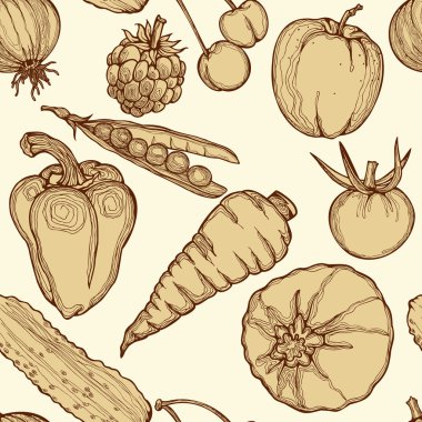 Seamless background with vegetables, fruits and berries. Hand drawing, vector illustration. clipart