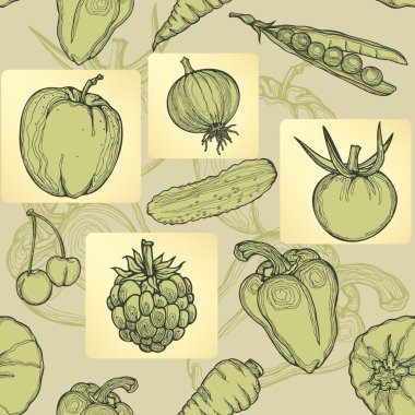Seamless pattern of fruit, vegetables and berries. Hand drawing, vector illustration. clipart