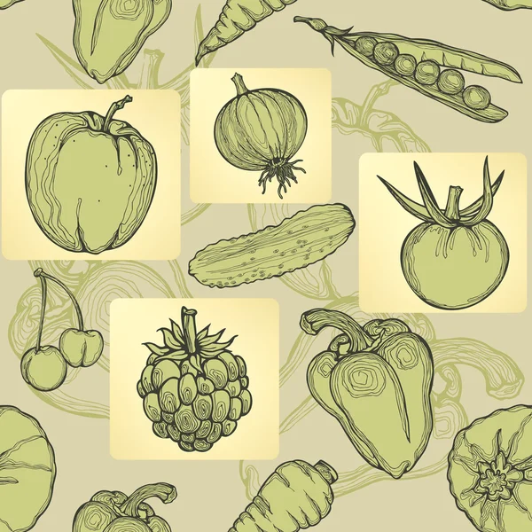 Seamless mönster av frukt, grönsaker och bär. hand Rita, vektor illustration. — Stock vektor