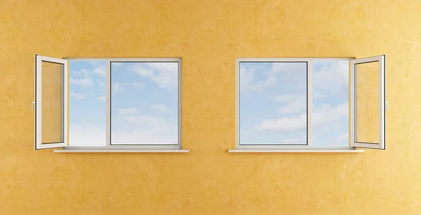 Gelbes Zimmer mit zwei offenen Fenstern — Stockfoto