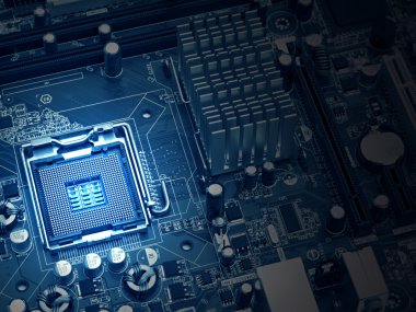 PC motherboard closeup, blue tone clipart