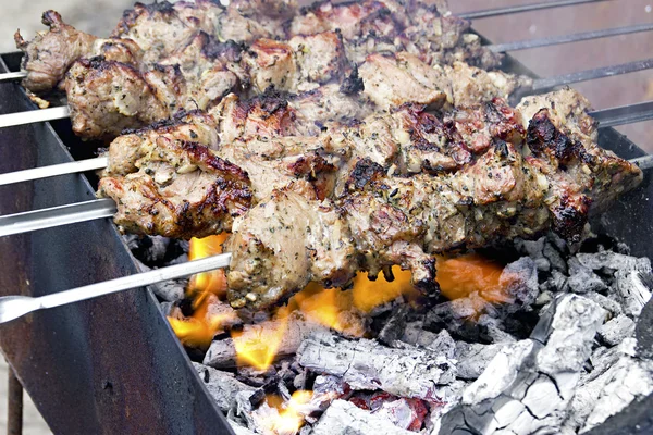 Bitar av kött som grillas på spett över träkol — Stockfoto