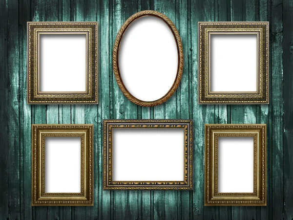 Six picture frames on a wooden background grunge — Stock Photo, Image