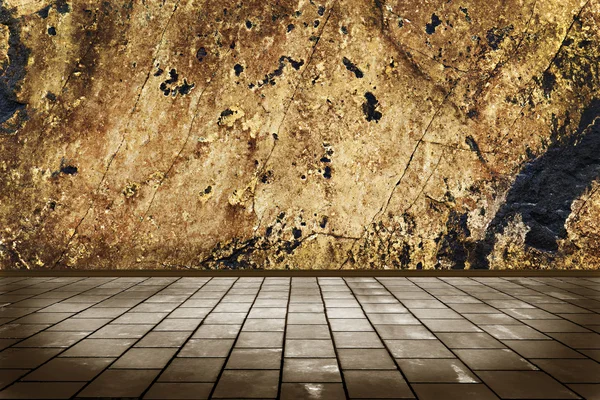 Εσωτερικό δωμάτιο με πλακάκια δαπέδου πετρών και ένα πέτρινο τοίχο grunge — Φωτογραφία Αρχείου