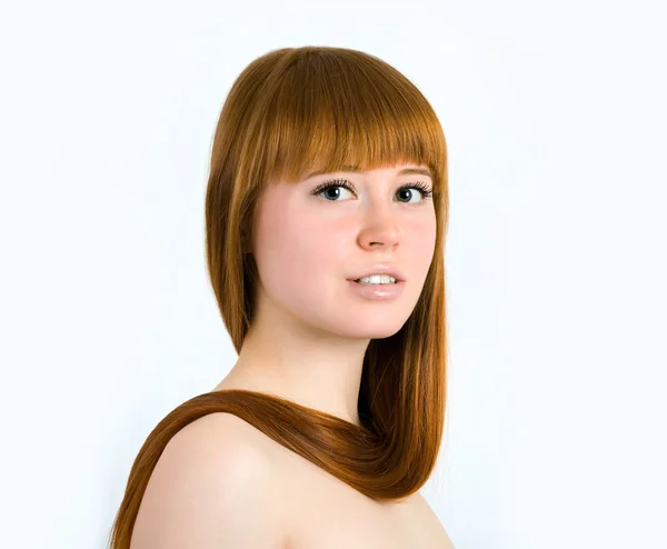Uzun güzellik düz saçlı güzel kızıl saçlı kadın. — Stok fotoğraf
