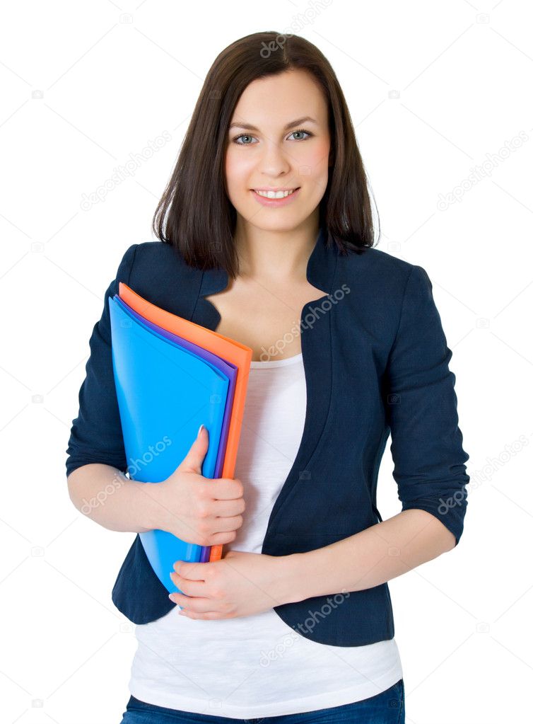Happy successful business woman. Isolated over white background