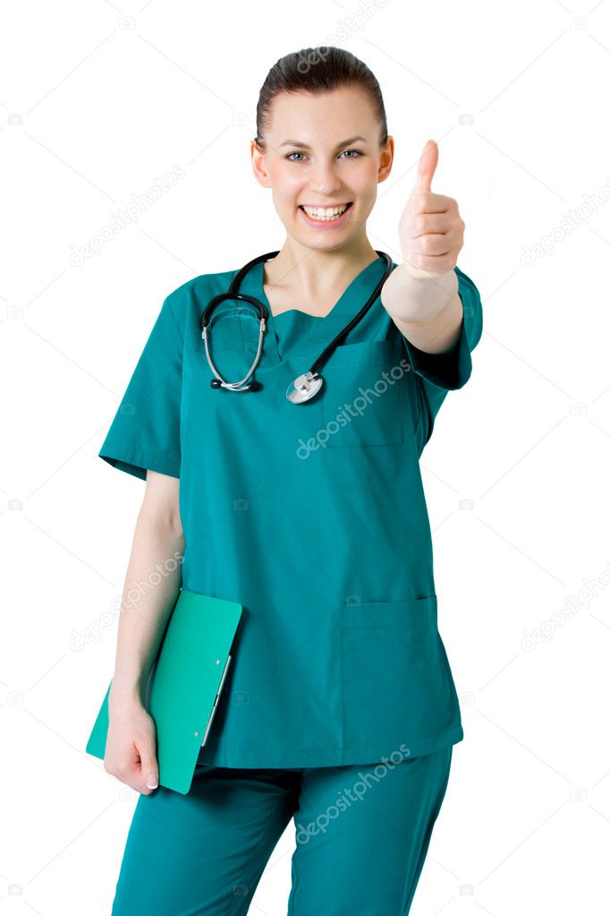 Smiling medical female doctor showing thumbs up gesture isolated