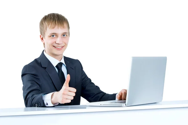 Successful business man in office holding his thumbs up — Stock Photo, Image