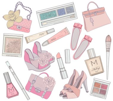 Women shoes, makeup,cosmetic and bags element set. clipart